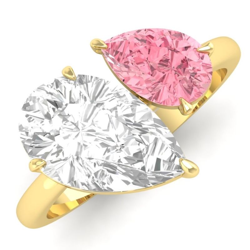 14K Solid Yellow Gold Pear Pink Diamond & 3.05 CT Lab Diamond Toi et Moi Bypass Ring